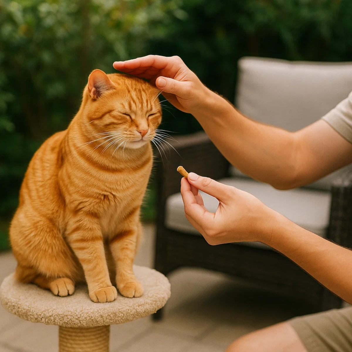 Person rewarding cat with treat to reinforce positive behavior around outdoor furniture