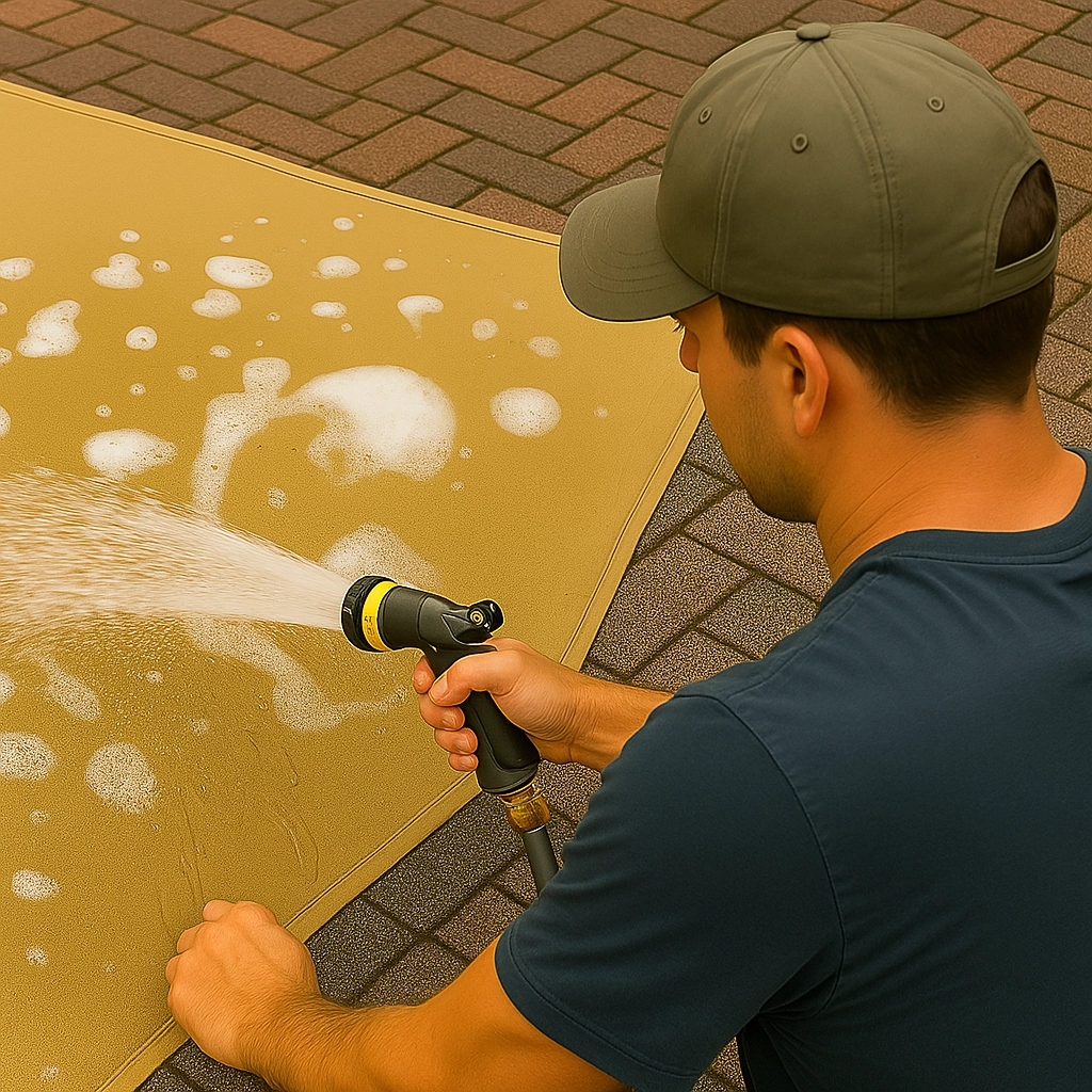 Rinsing shade sail with clean water to remove all soap and residue.