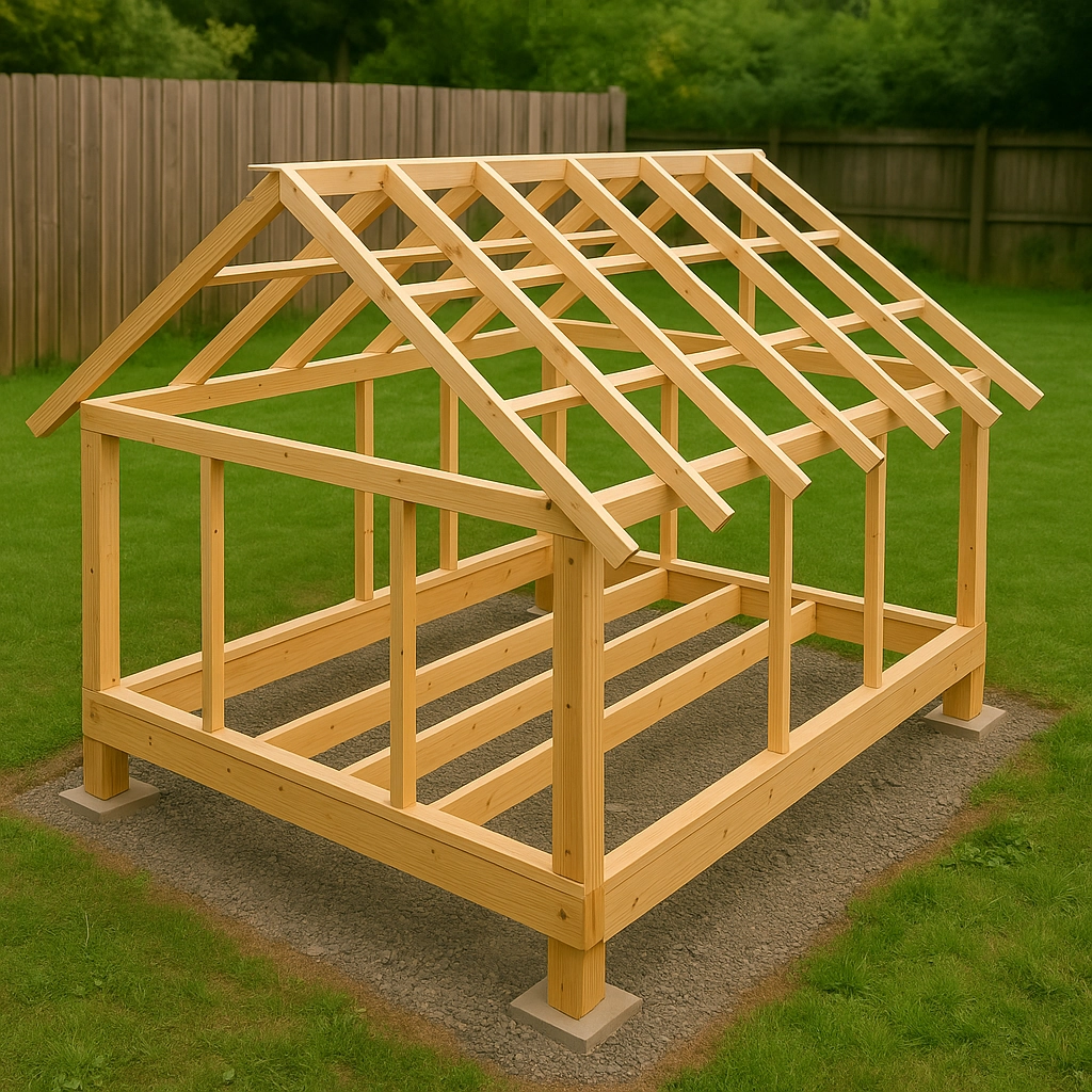 Wooden frame of a house under construction with exposed roof structure.