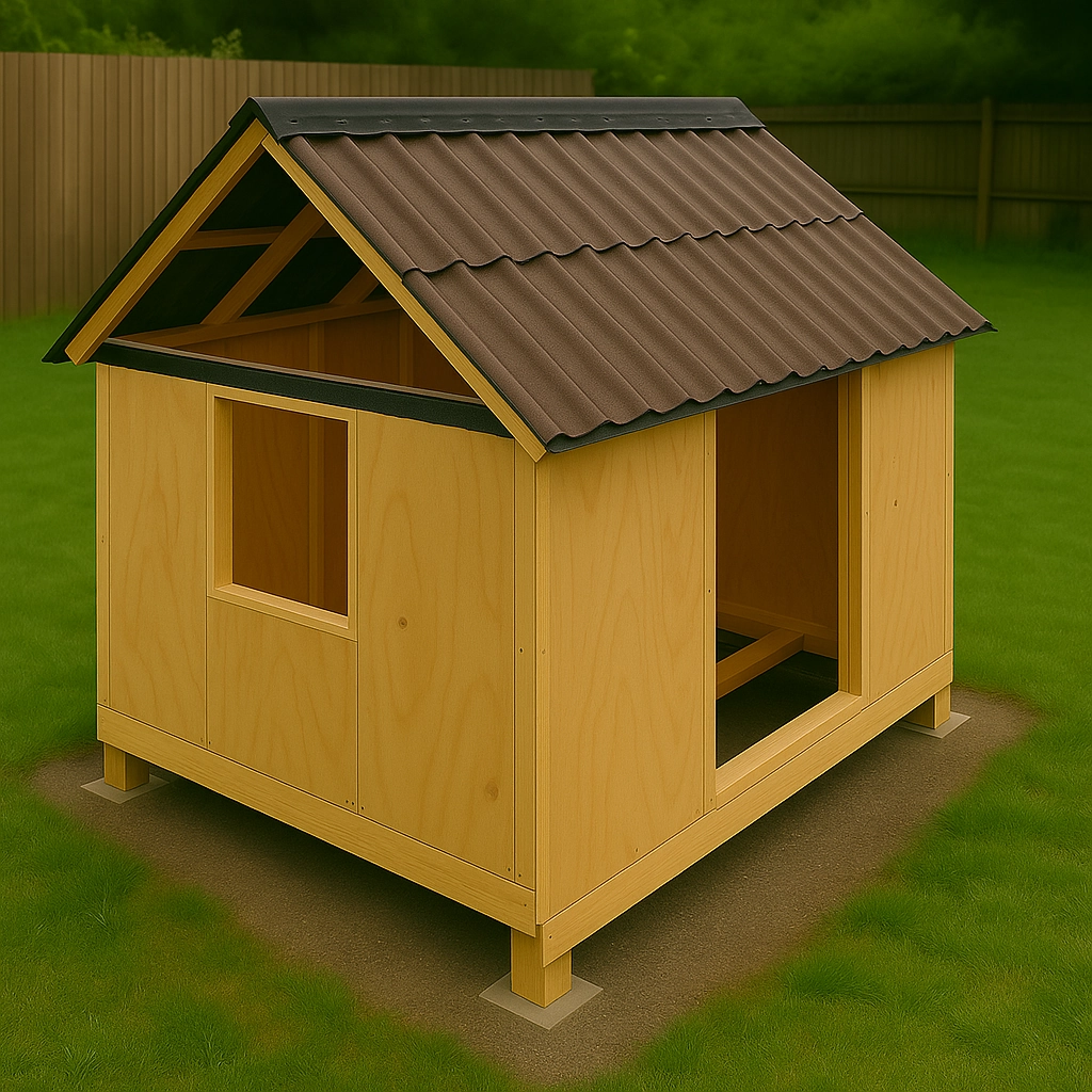 House with installed roof and wooden walls under construction in a backyard.