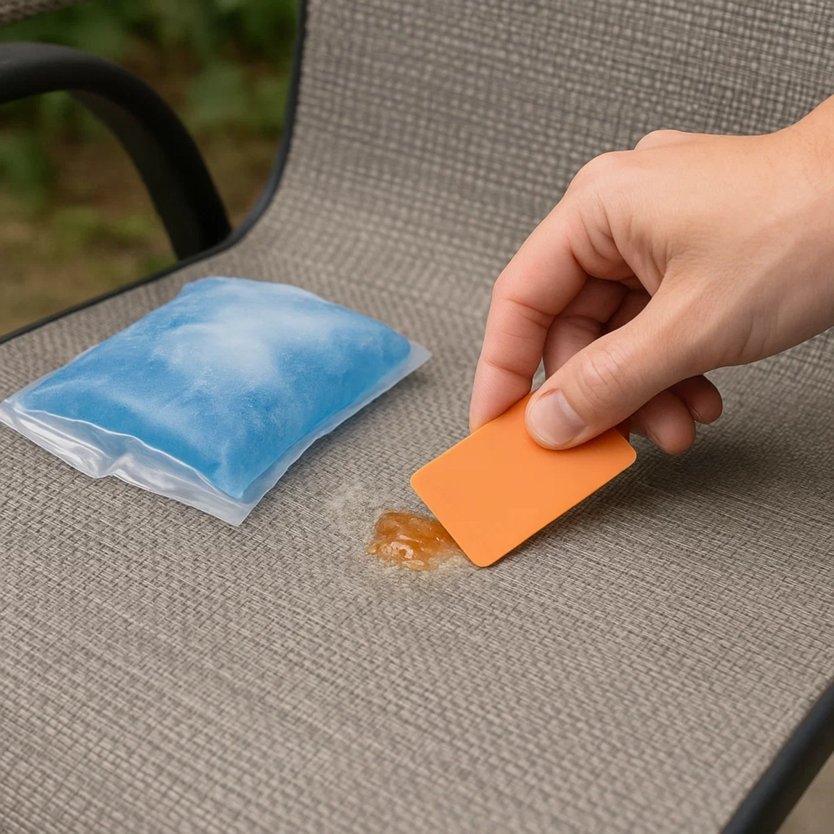 Hand using plastic scraper to remove hardened sap from outdoor chair surface.