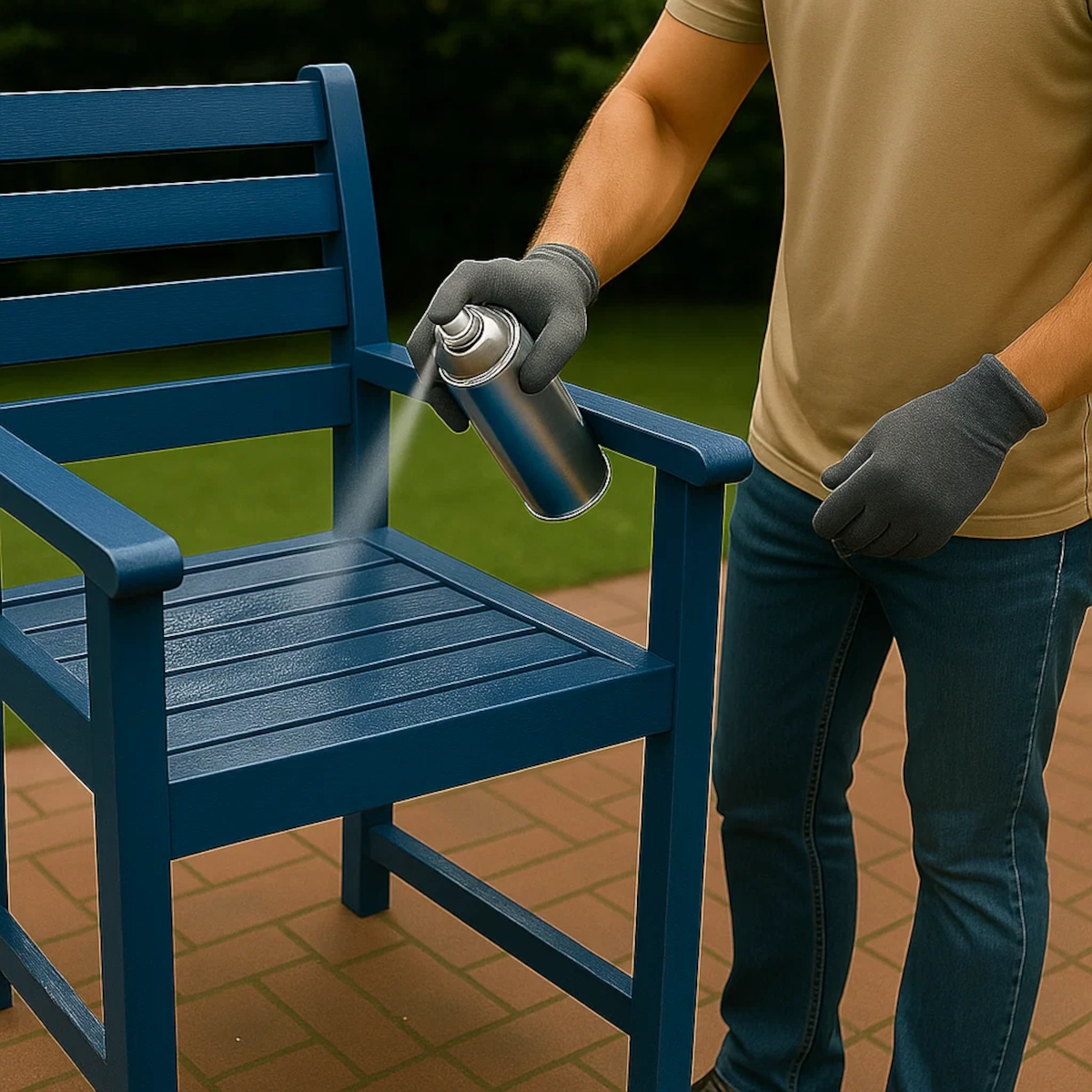 Man using spray sealer to protect freshly painted blue patio furniture.