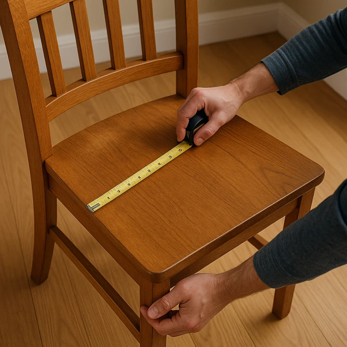 Measuring wooden chair for custom seat cushions using tape measure.