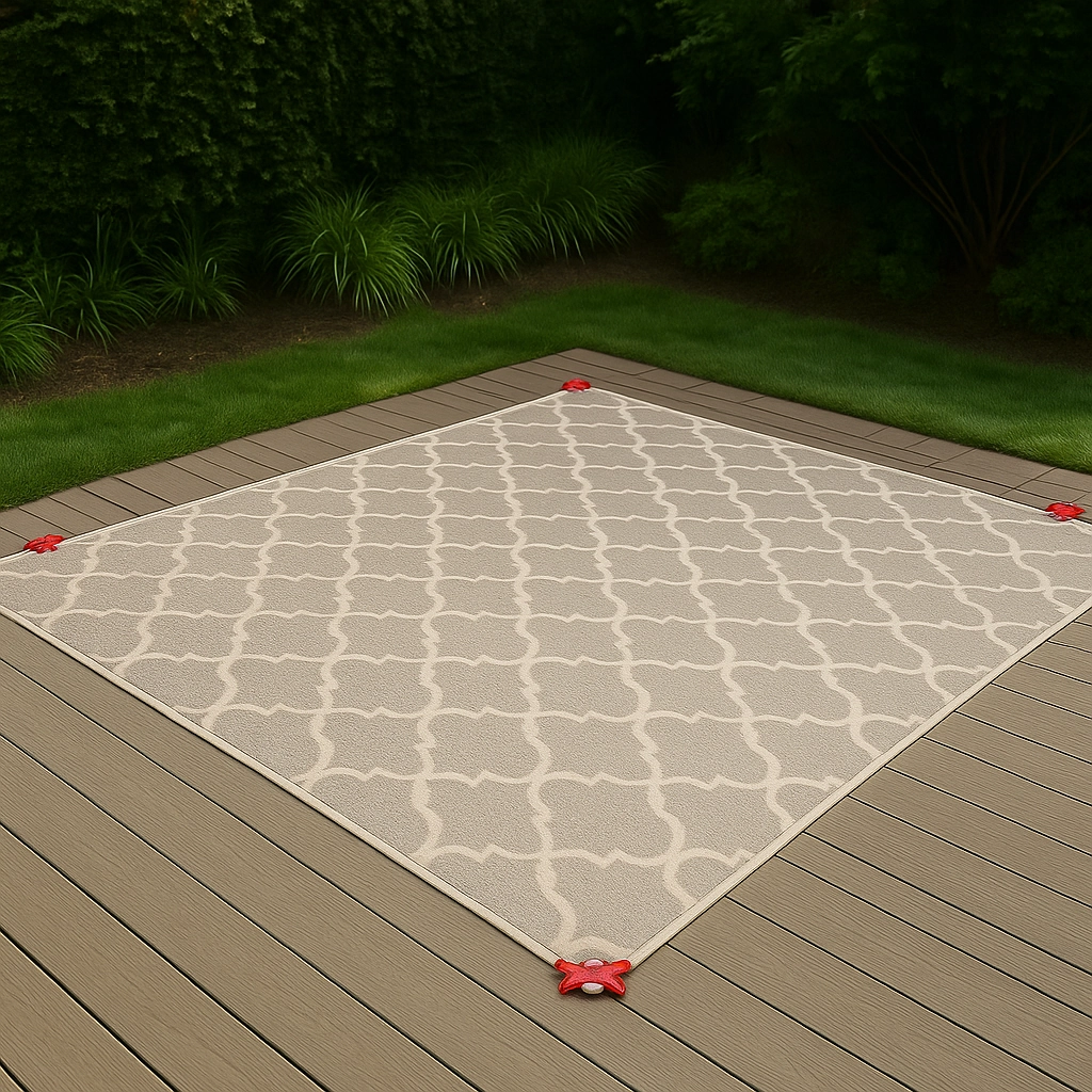 Outdoor rug held down with red rug clips on each corner over a deck.