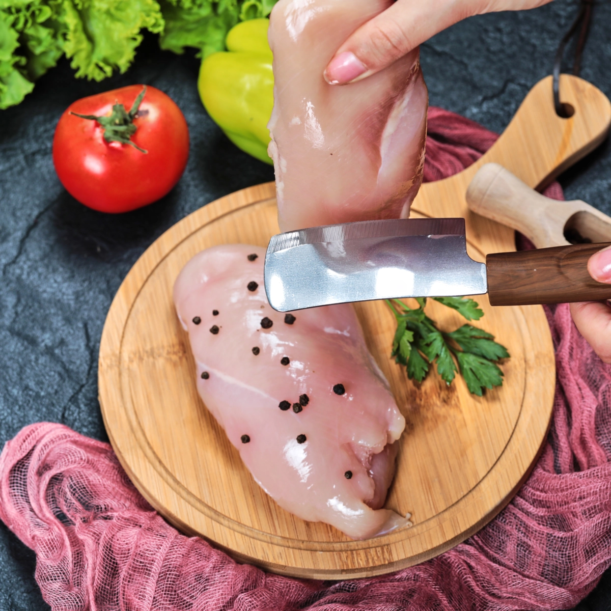 Fresh raw chicken breasts on cutting board for grilling preparation.