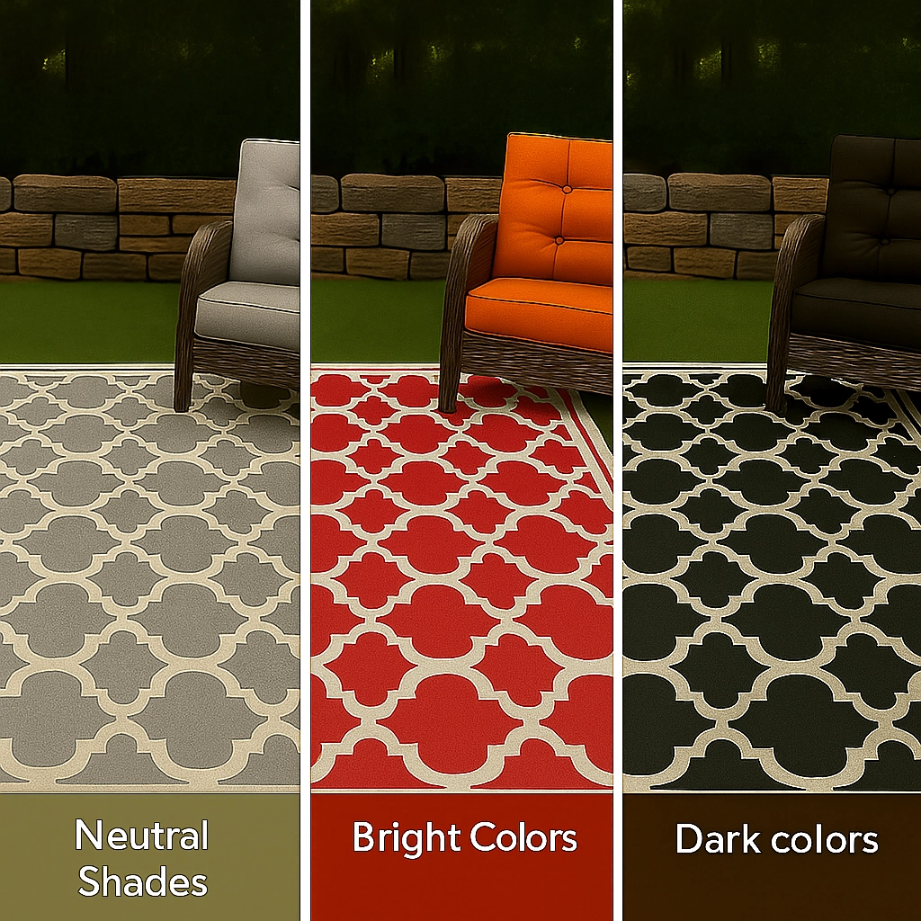 Palm leaf patterned outdoor rug with wicker furniture on a patio for tropical decor.