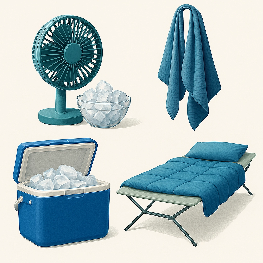 Summer camping essentials including fan, ice cooler, towel, and foldable cot for cooling.