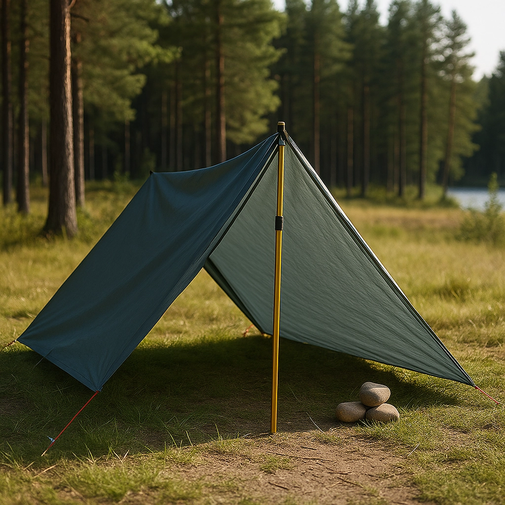 Tarp-style tent frame with yellow pole set in grassy forest clearing near water.