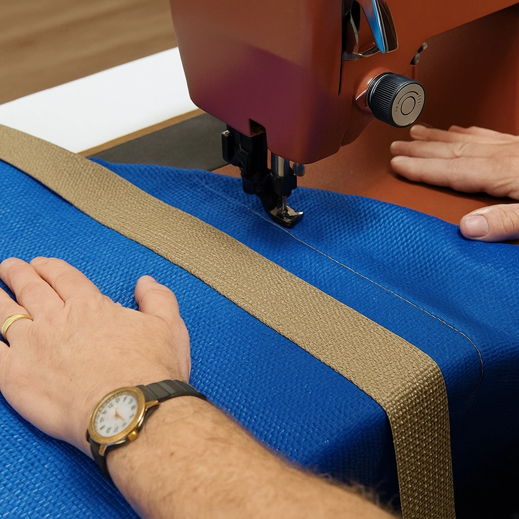 Sewing reinforced seams and double-stitched edges using UV thread for shade sail durability.
