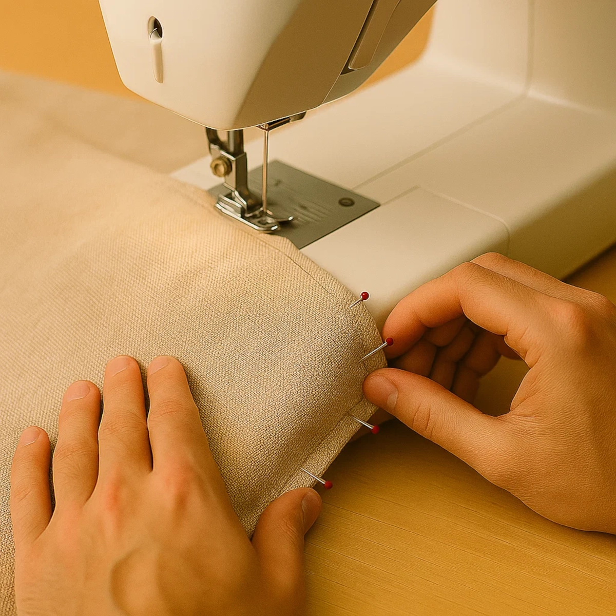 Sewing fabric with sewing machine to create straight seams for cushions.