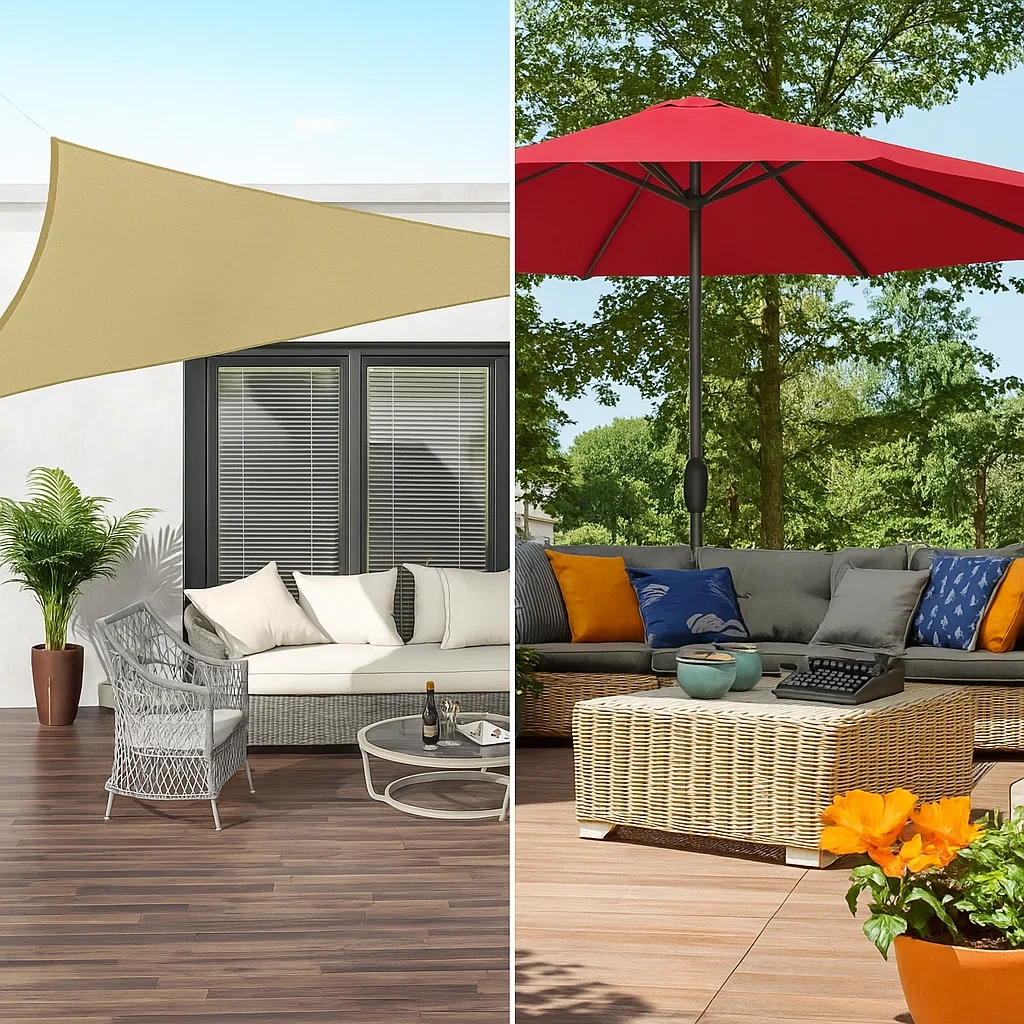 Visual comparison of patio shade sail and umbrella for outdoor sun protection.