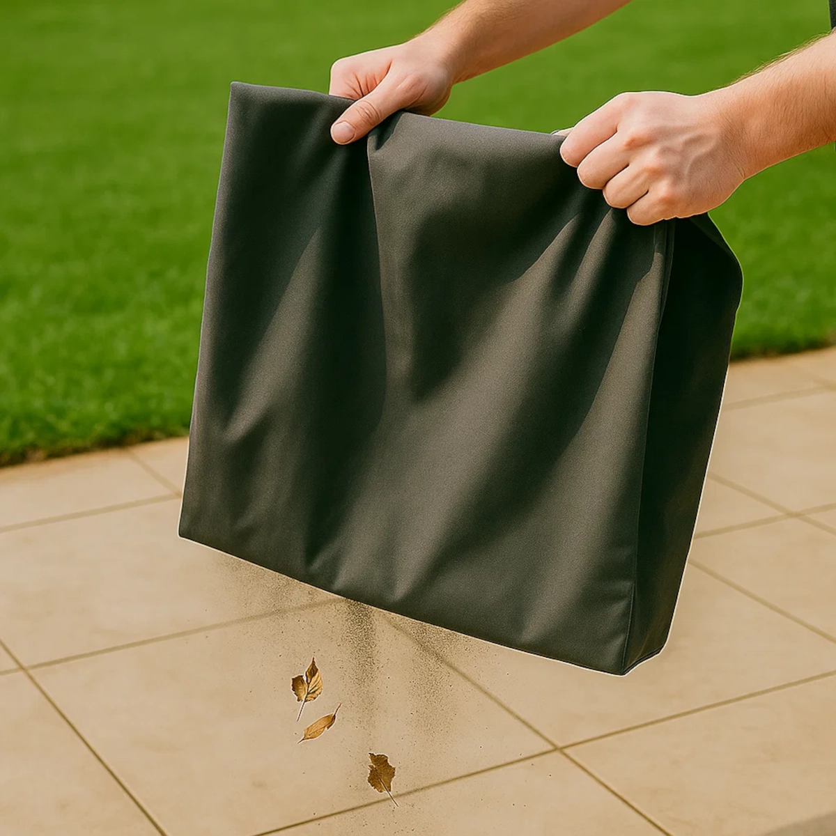 Person shaking off loose dirt from outdoor furniture cover before cleaning.