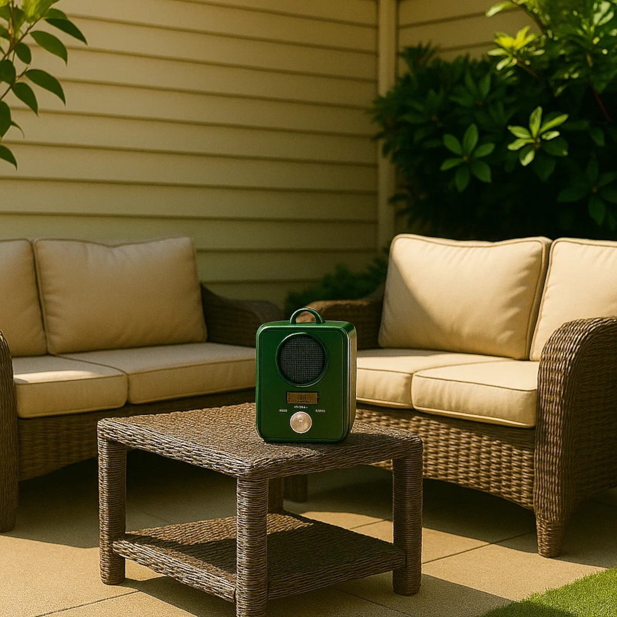 Ultrasonic bird repellent devices installed on patio furniture to deter birds effectively.