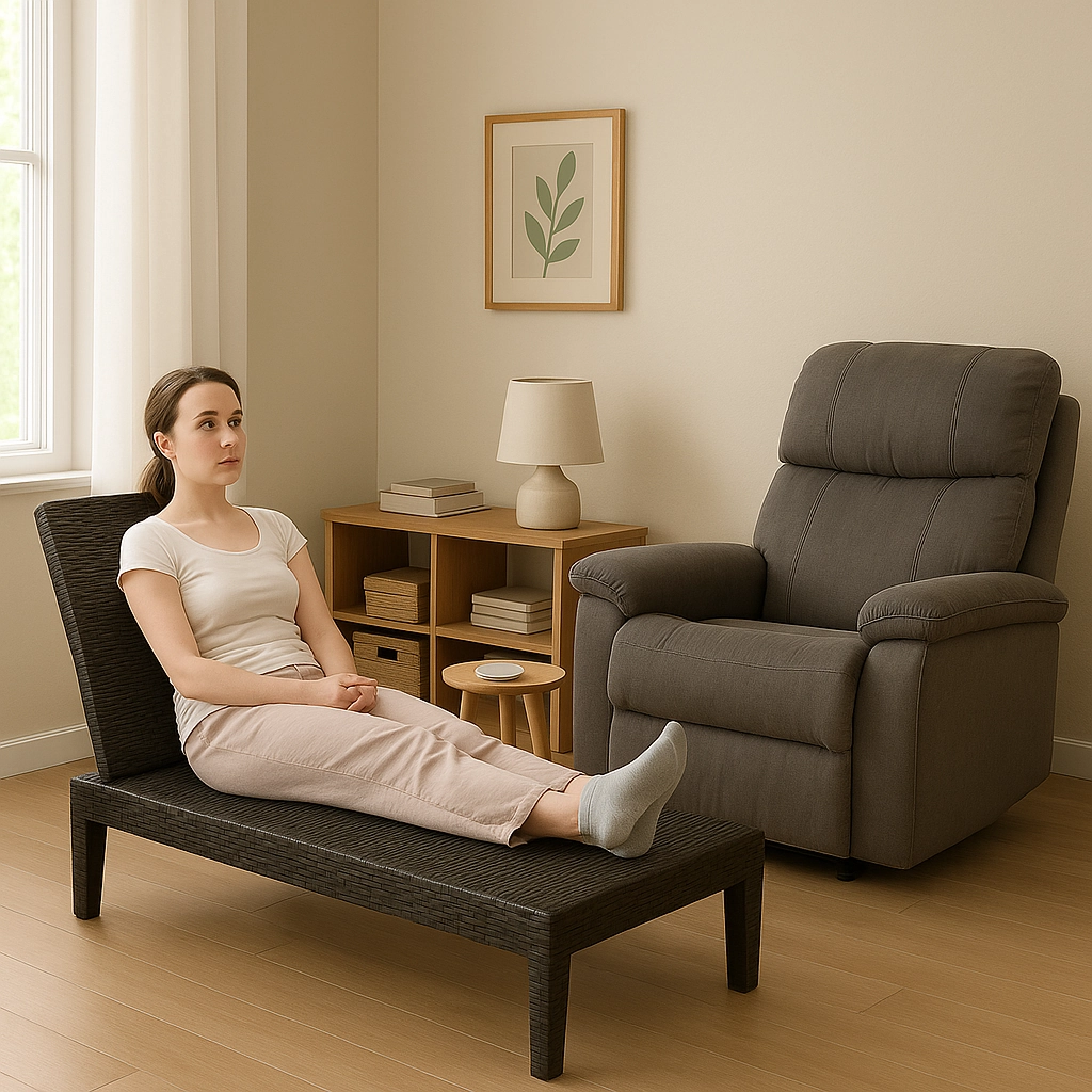 Woman seated on black rattan chaise lounge beside a dark gray recliner in a cozy room.