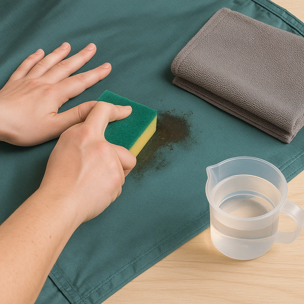 Hand scrubbing dirt stains on tent fabric using sponge, water, and towel for spot cleaning.