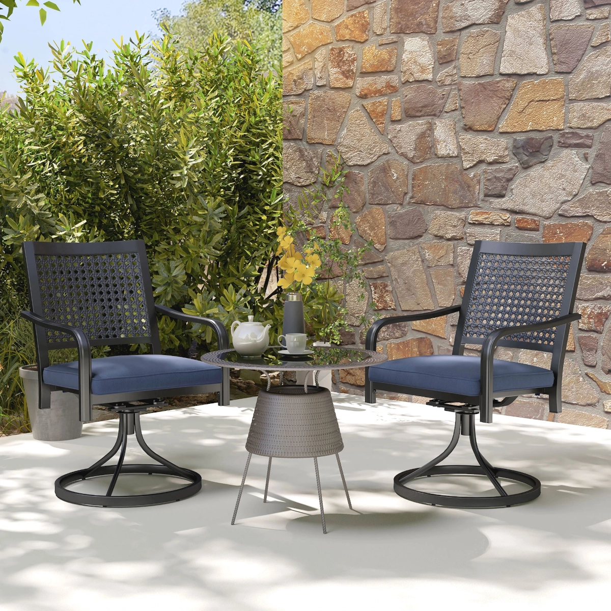 Modern swivel chairs with blue cushions, placed on a patio table for outdoor seating.