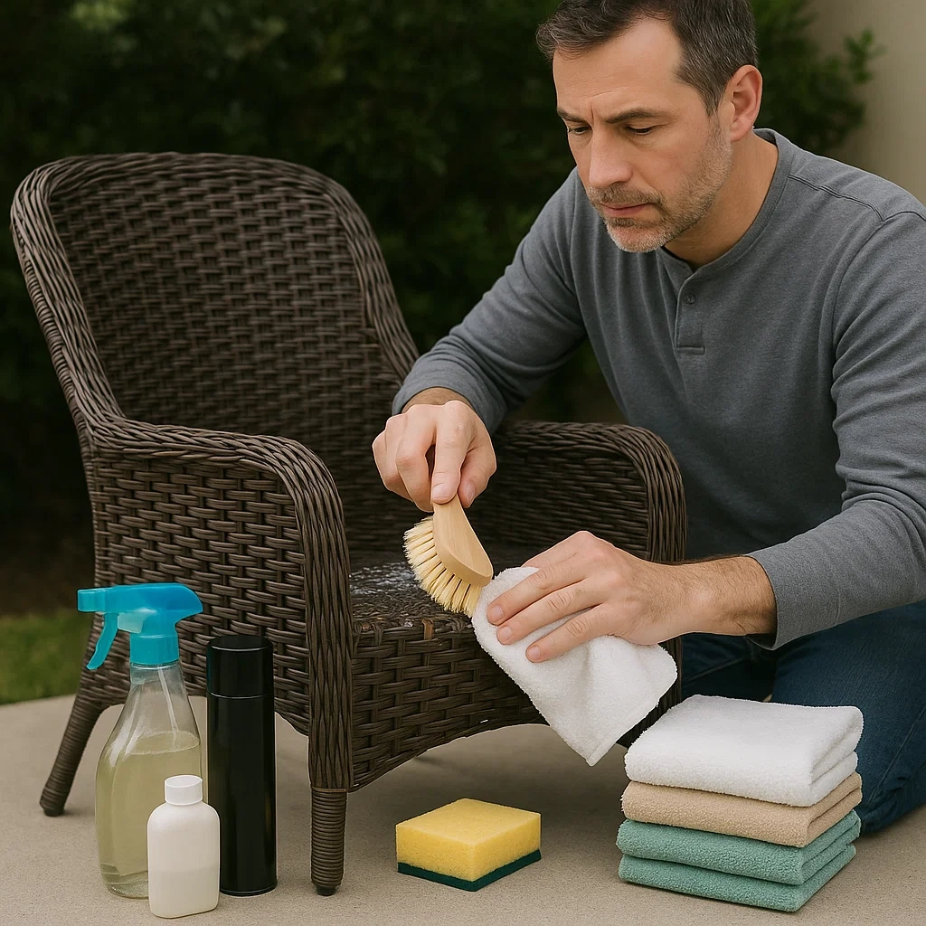 Elegant synthetic wicker chairs arranged on a patio for comfortable seating.