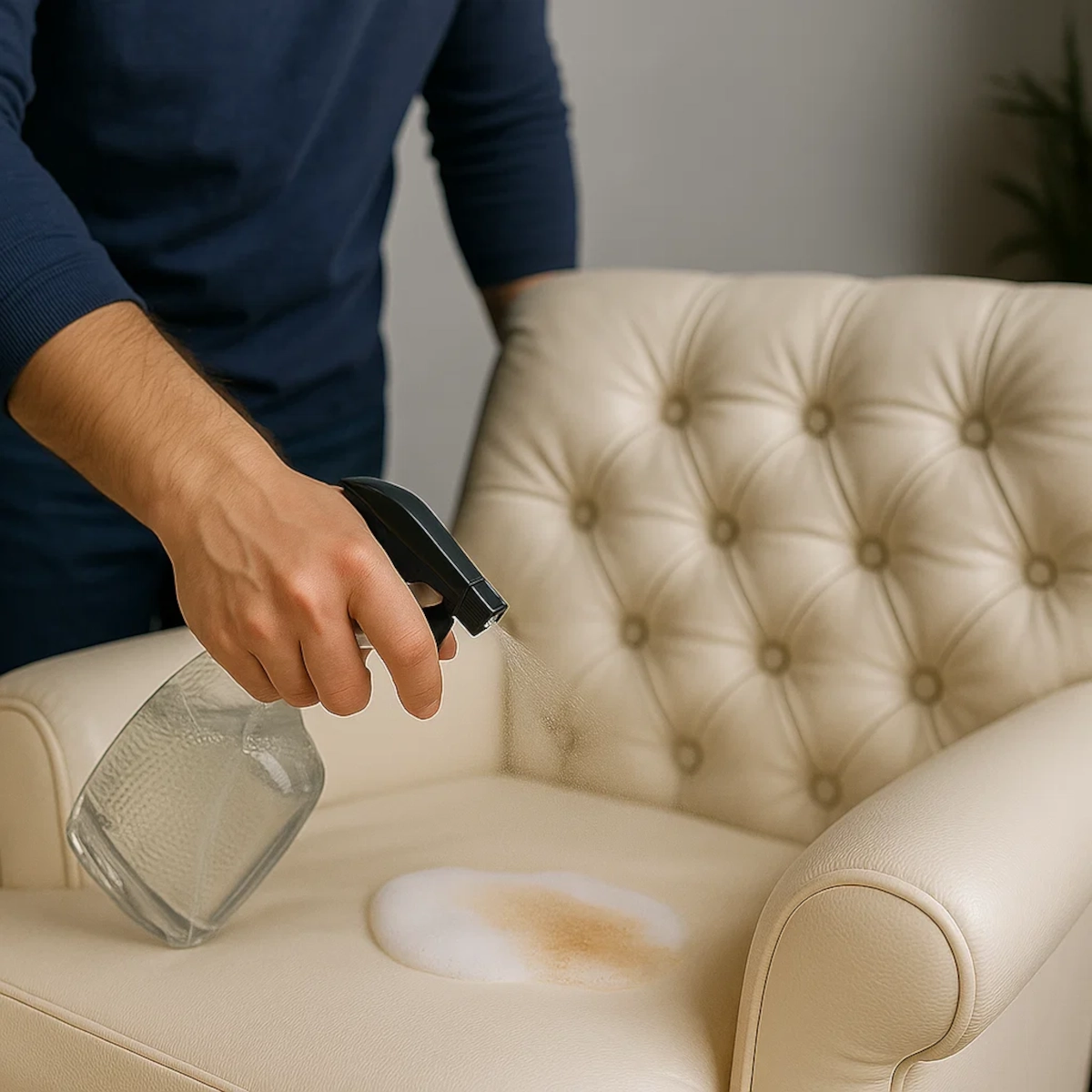 Scrubbing stubborn stains on patio furniture cover with brush and cleaner.