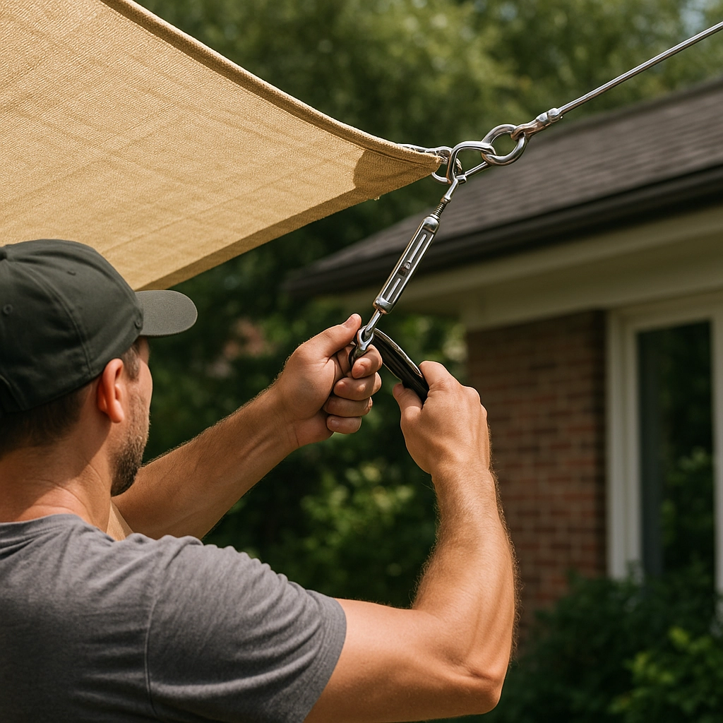 Tightening and adjusting the shade sail for a firm, wrinkle-free installation.