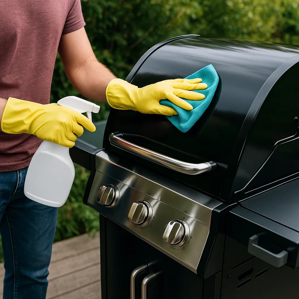 Person cleaning shiny BBQ grill exterior with microfiber cloth and spray bottle while wearing yellow gloves.