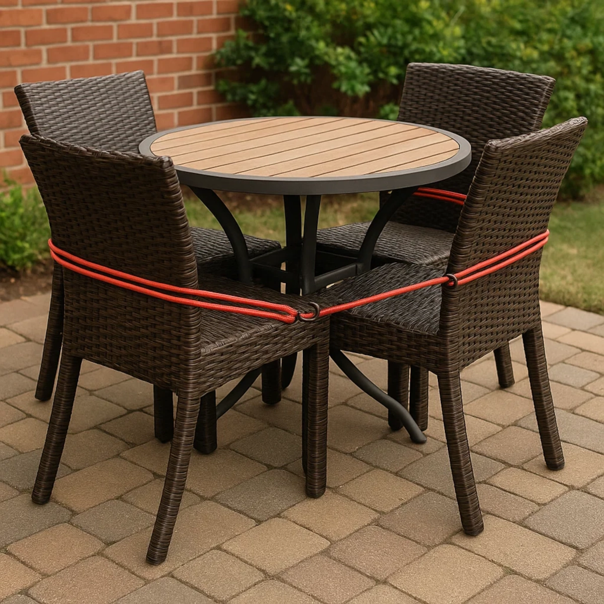 Wicker chairs and table bound together with red bungee cord for stability.