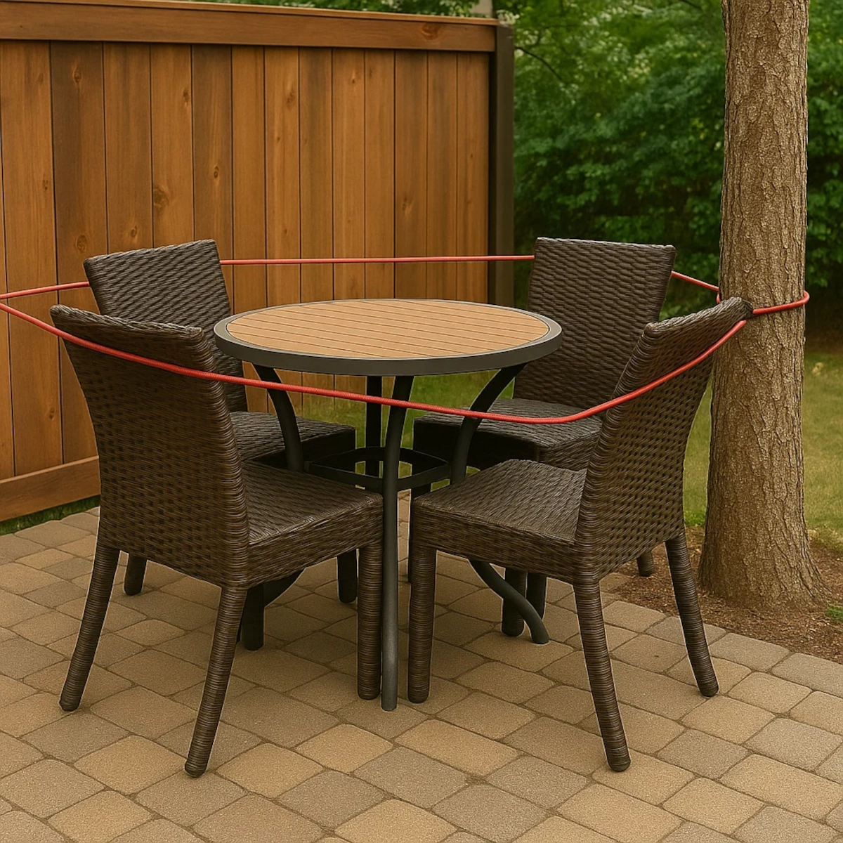 Patio chairs tied with red cord around tree trunk beside wooden fence.