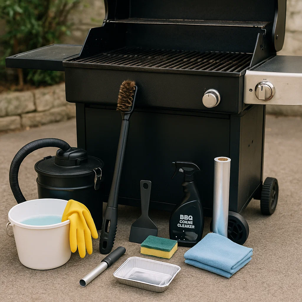 Outdoor grill with various cleaning tools like gloves, brushes, spray, sponge, and foil displayed in front.