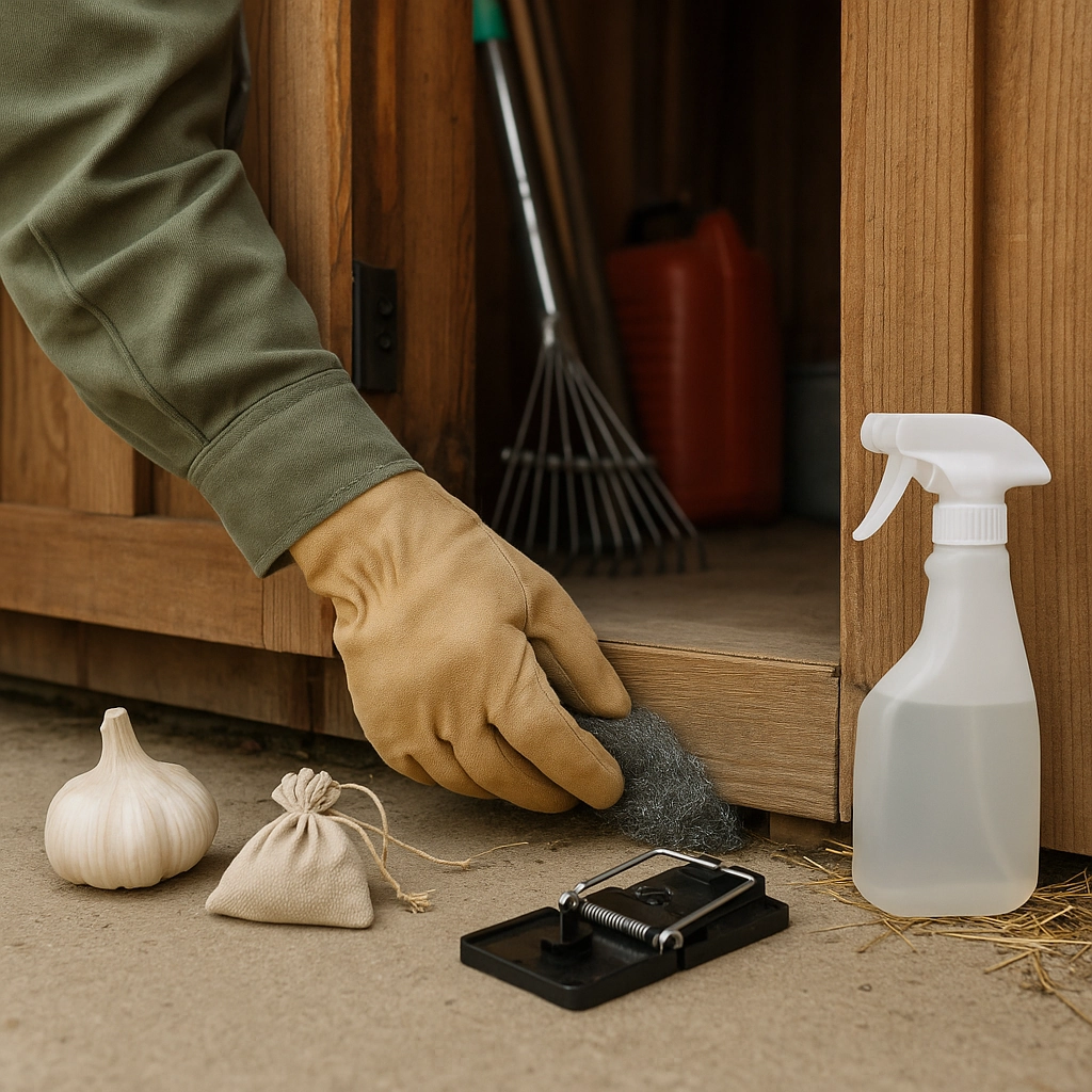 Placing traps and deterrents to fix a mouse infestation in a shed.