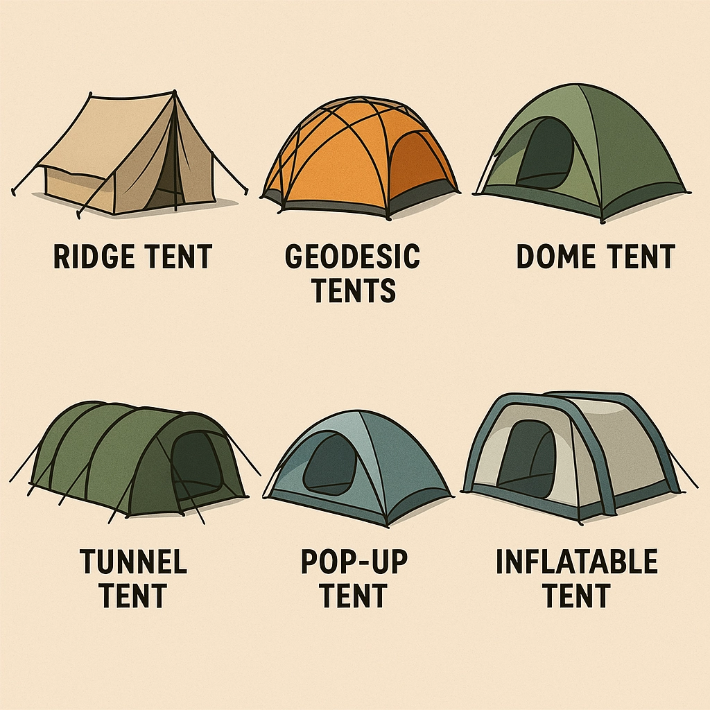 Illustration of six different types of camping tents and their names