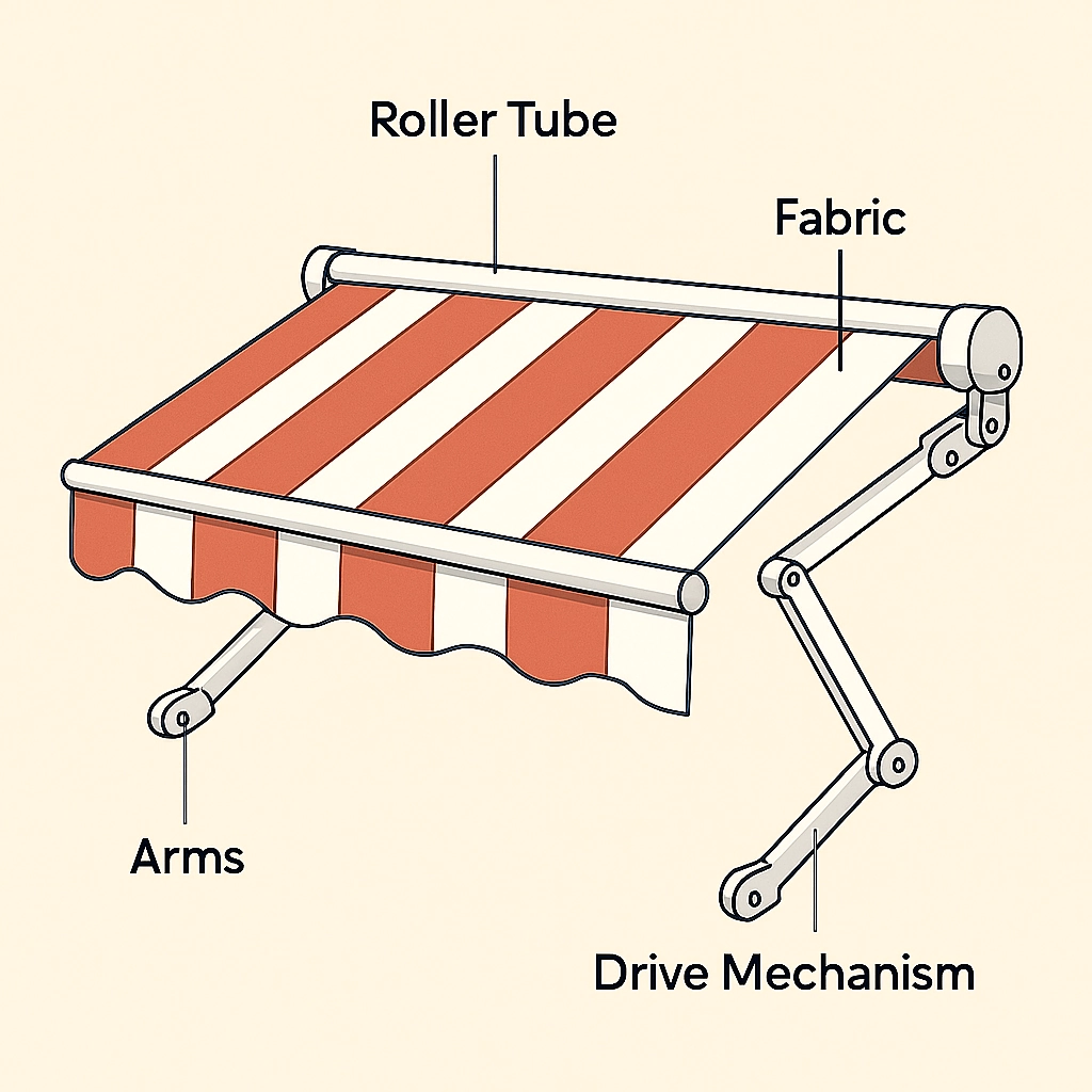 Labeled diagram of retractable awning parts including arms, drive mechanism, fabric, and roller tube.