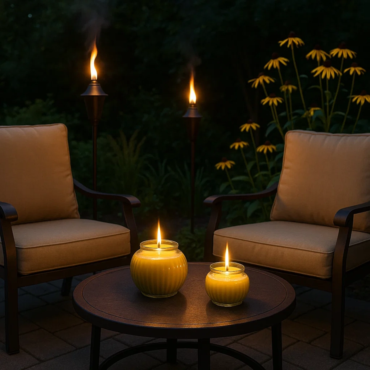 Lit citronella candles and tiki torches for mosquito control on a patio at night.