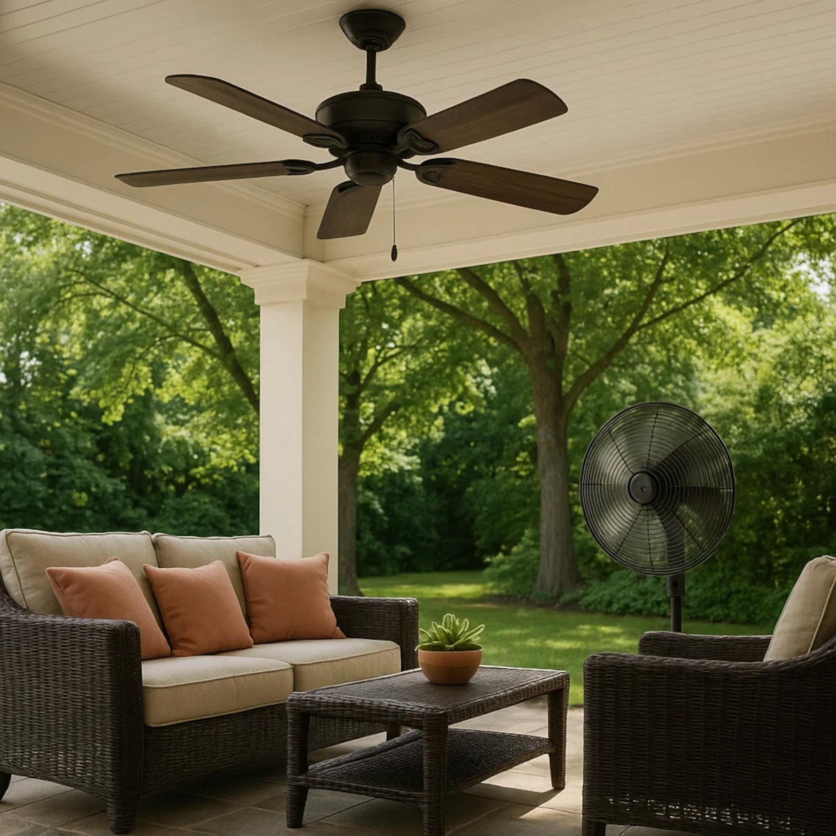 Ceiling and standing fans on covered patio for natural mosquito deterrent airflow.