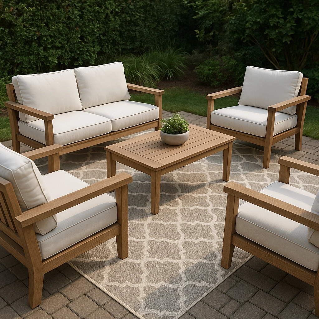 Beige patterned rug anchored with wooden patio furniture on a stone patio.