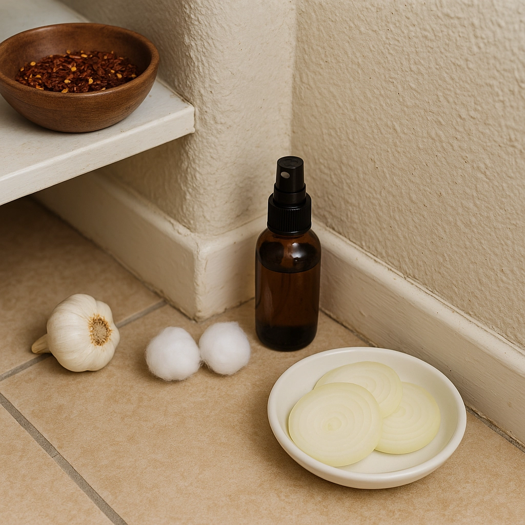 Natural mouse repellents including garlic, onion, cotton balls, and chili flakes on the floor.