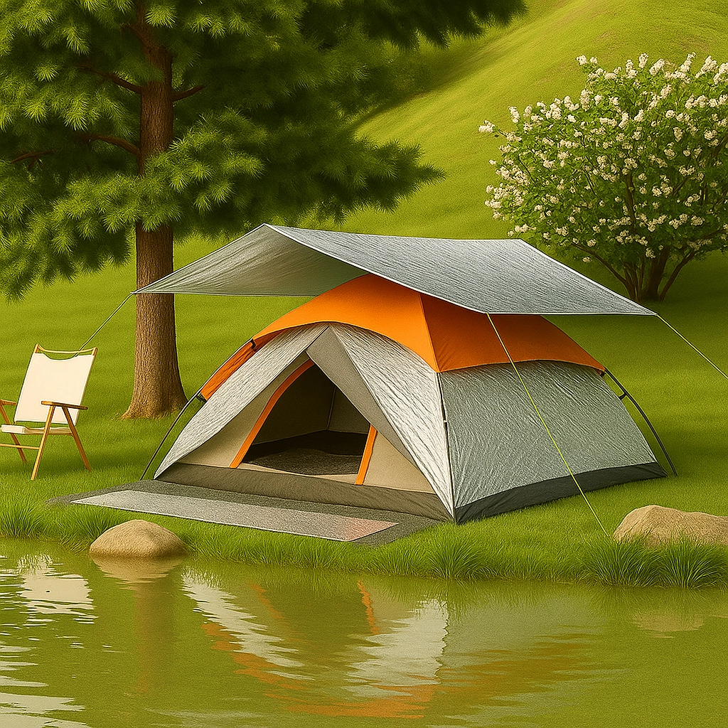 Tent with reflective tarp roof to reduce sun heat and keep the interior cooler.