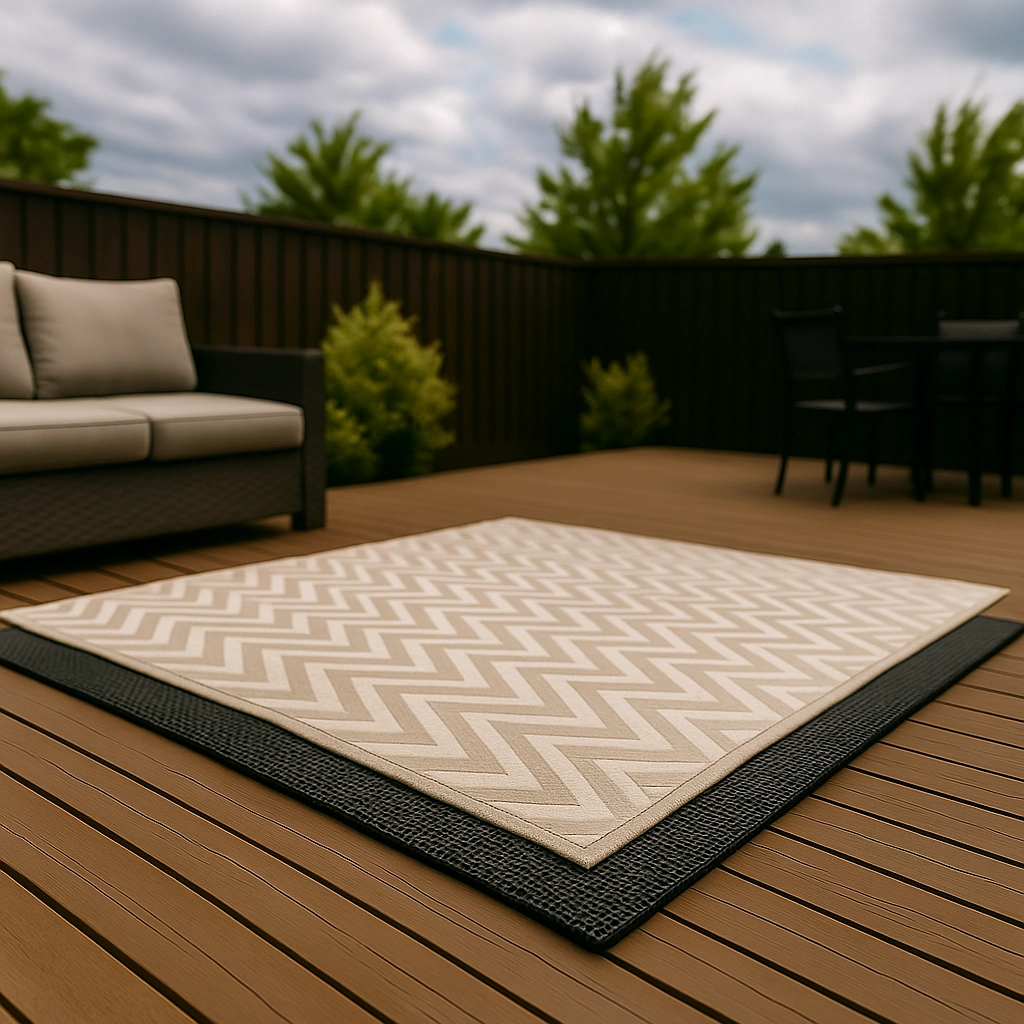 Chevron-patterned outdoor rug layered over black rug pad on a deck for stability.