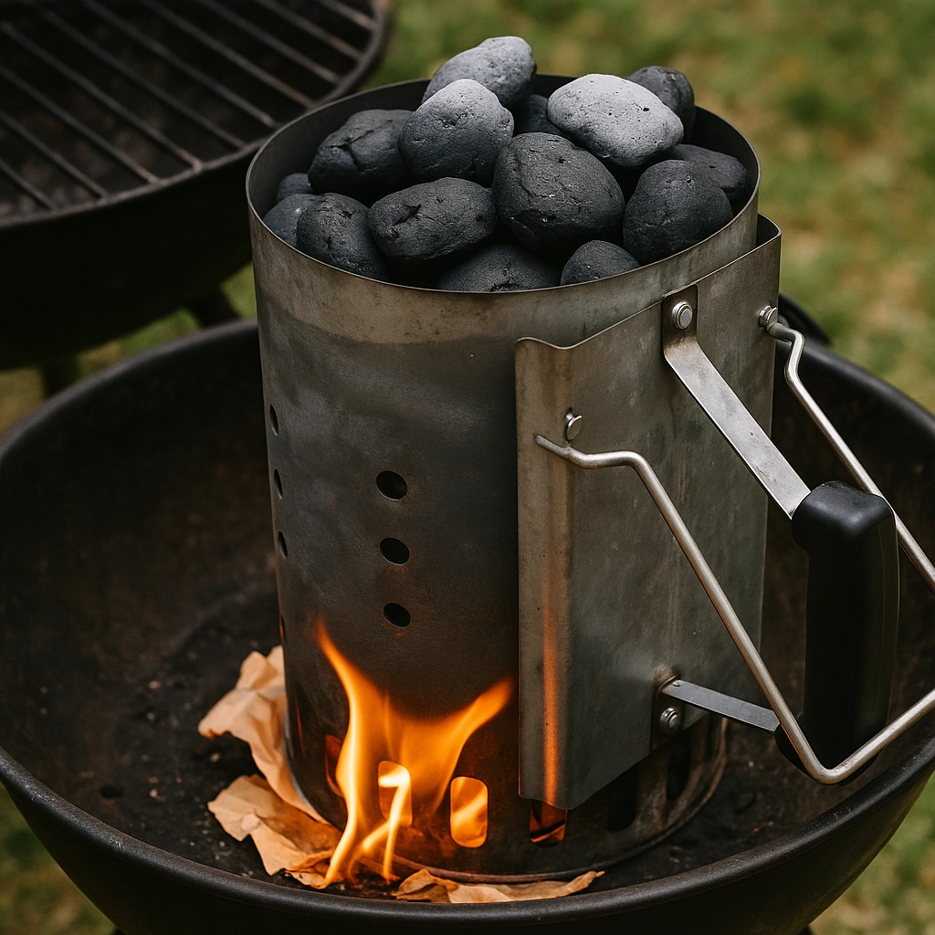 Metal chimney filled with charcoal to start fire evenly without lighter fluid.