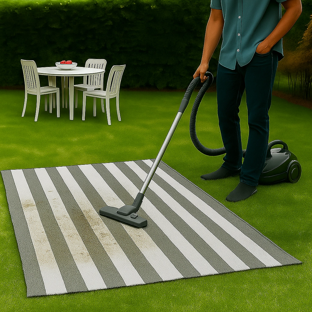 Man vacuuming outdoor rug on lawn for a thorough, deep clean.