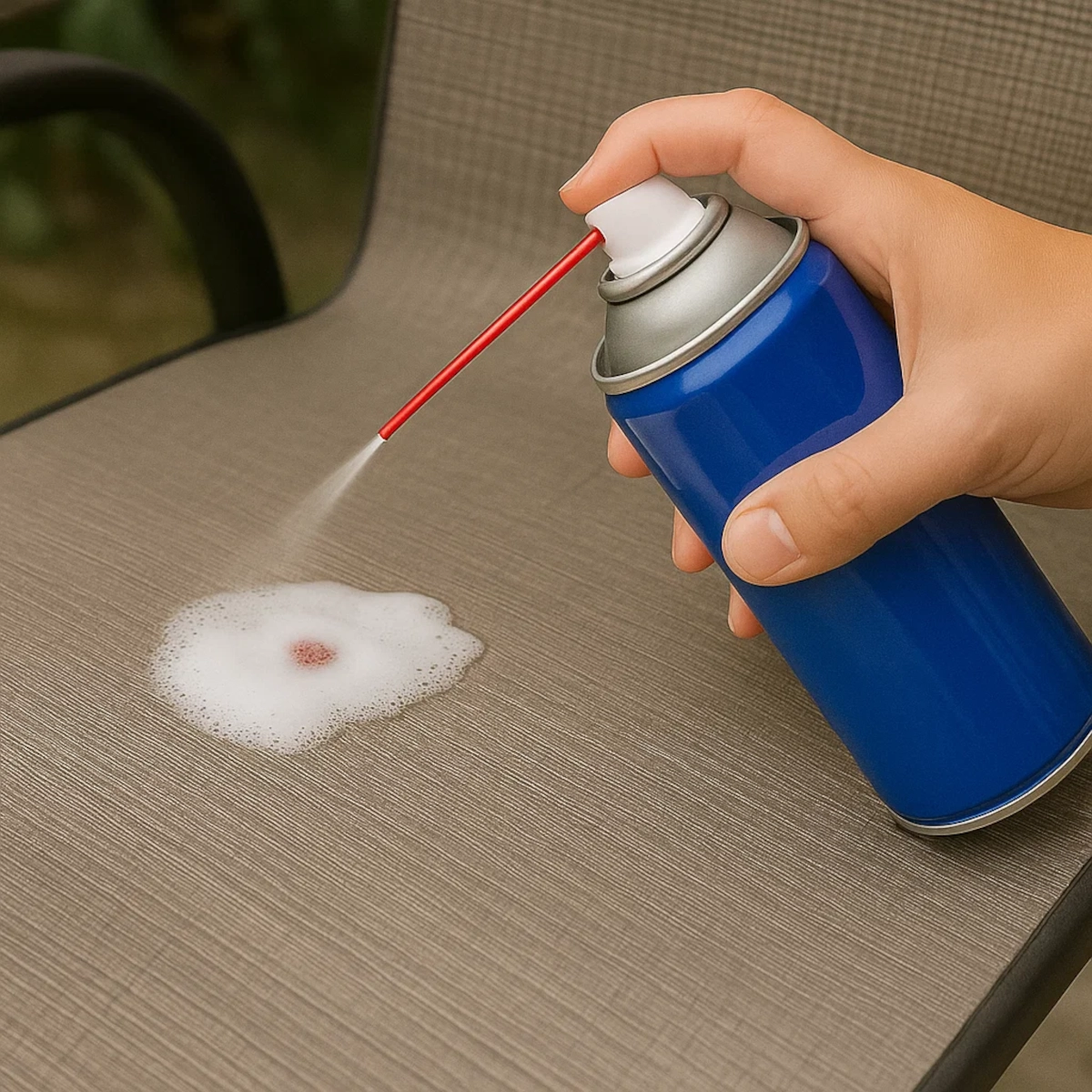 Applying WD-40 spray on tough sap stain on patio furniture for removal.