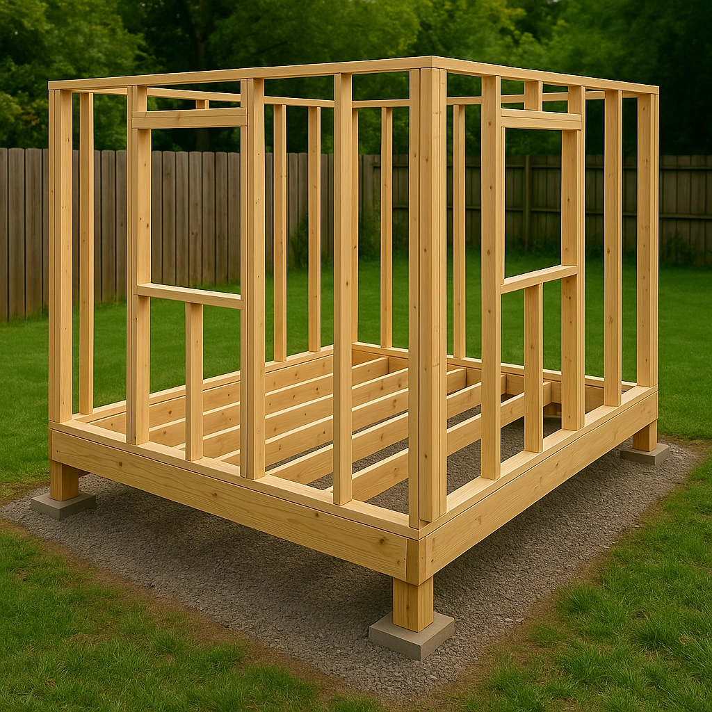 Wooden wall framing of a house with empty spaces for doors and windows.