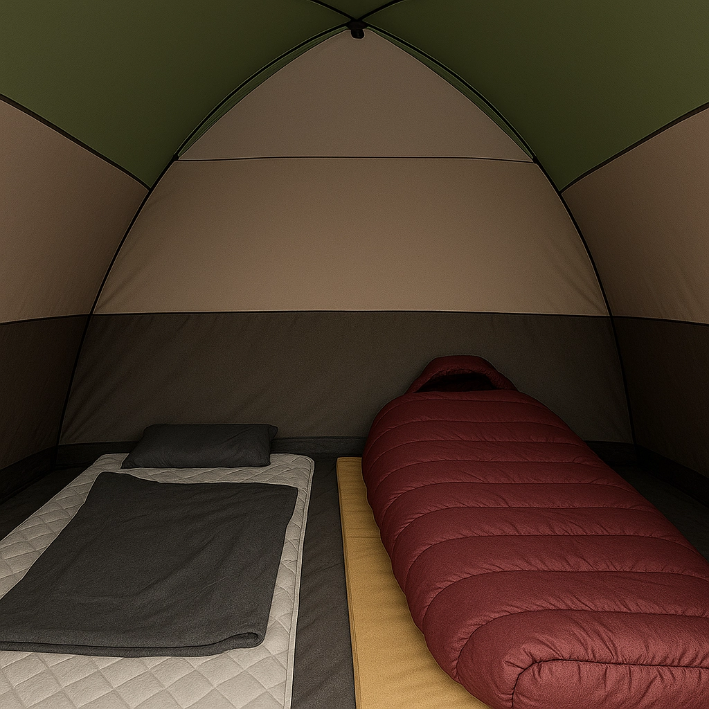 Winter-rated sleeping bag and insulated liner for warmth during freezing tent camping.