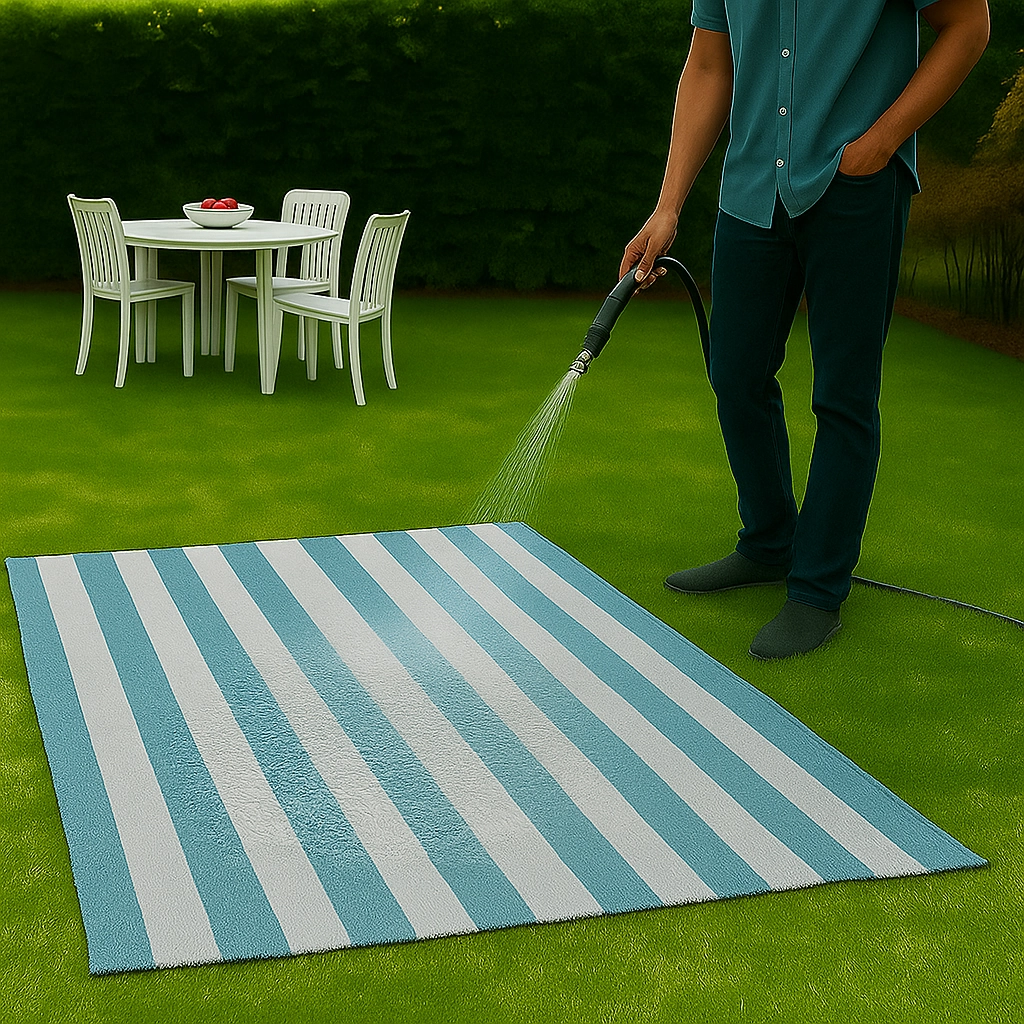 Man rinsing striped outdoor rug with hose for easy backyard cleaning.