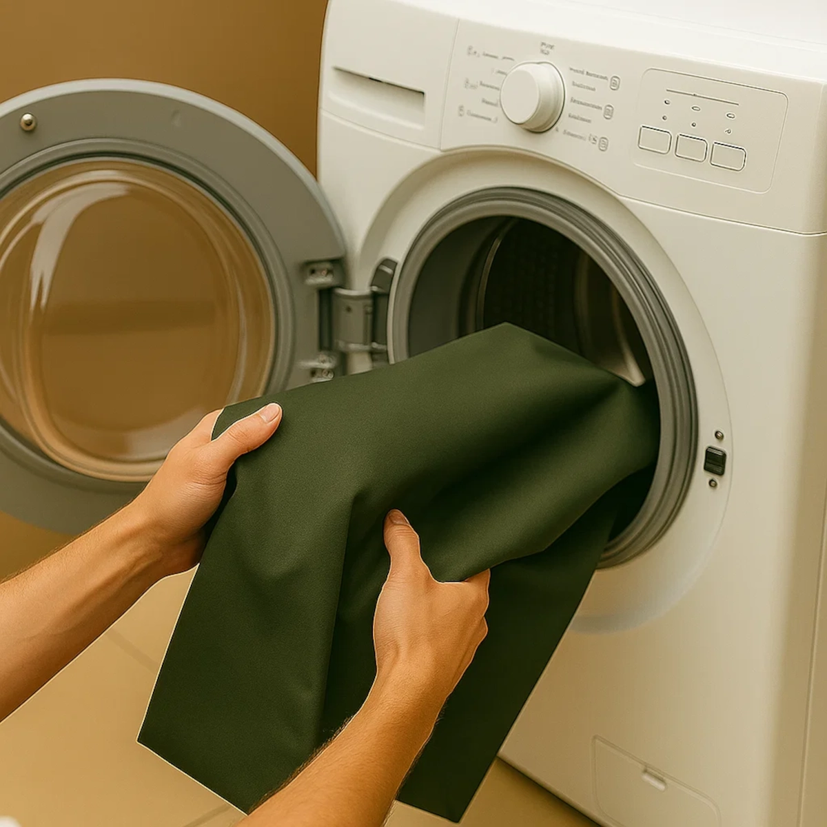 Washing patio furniture covers in a bucket with water and mild detergent.