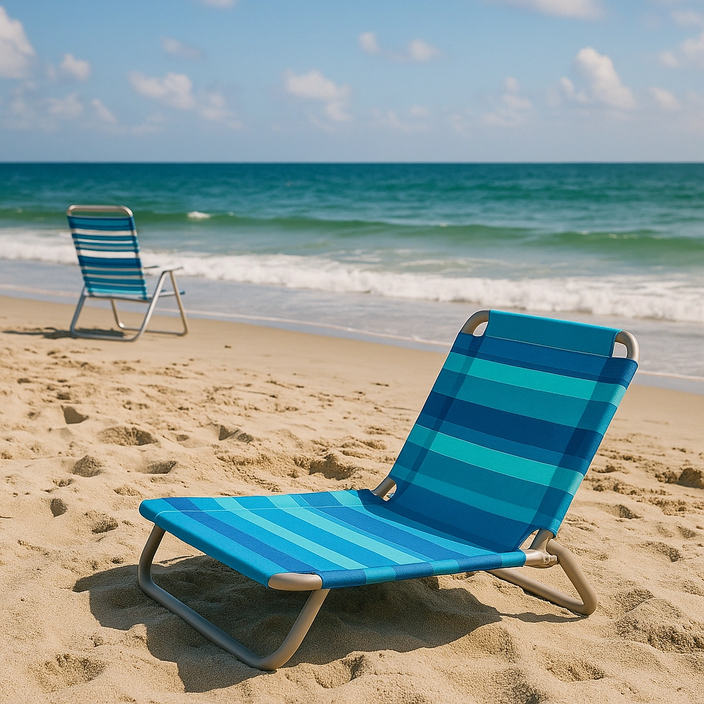 Two low-profile beach chairs on the sand near ocean waves under blue sky.
