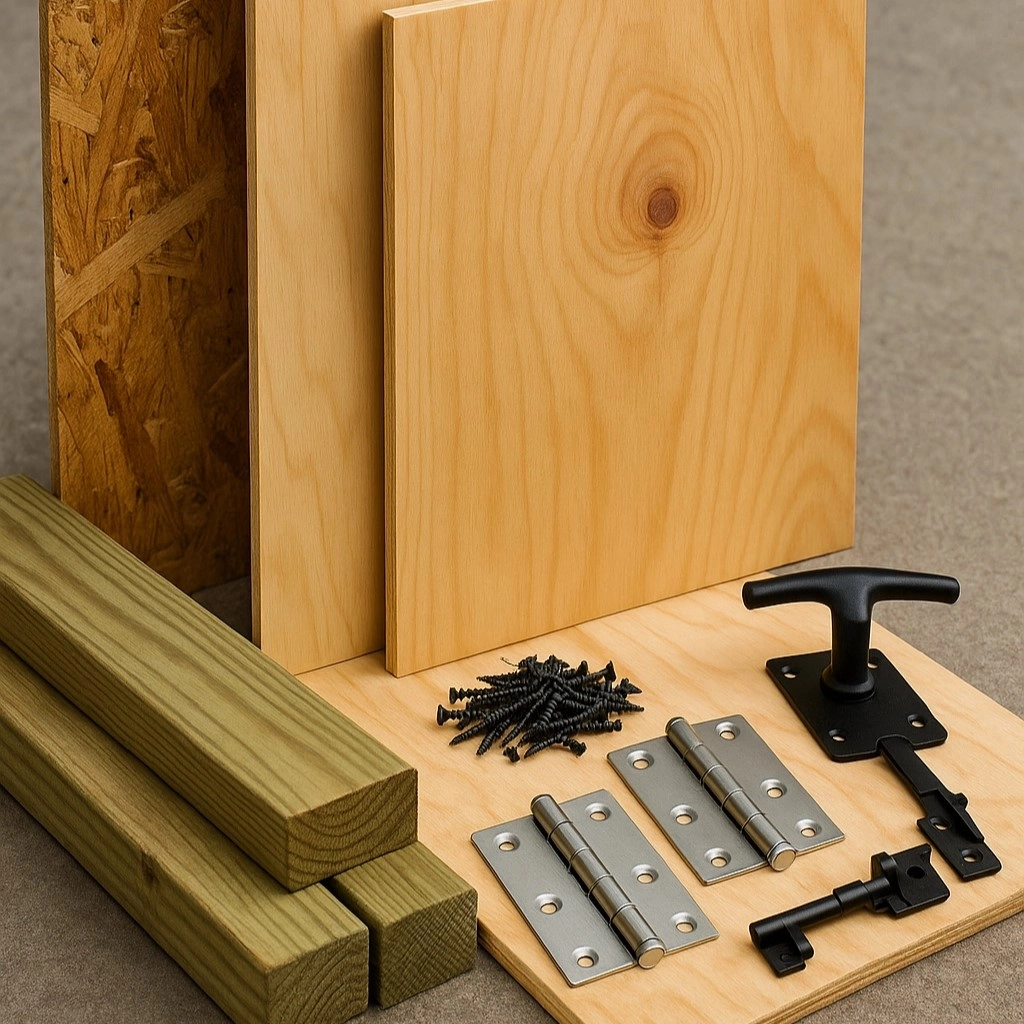 Shed door building materials including plywood, wood boards, screws, hinges, and door handle.