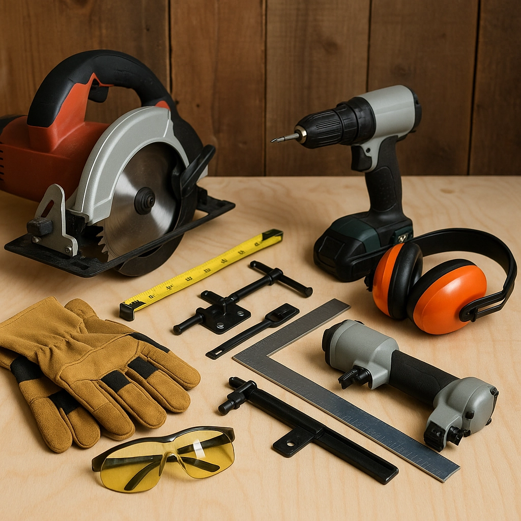 Tools for shed door construction including saw, drill, square, tape, gloves, and safety gear.