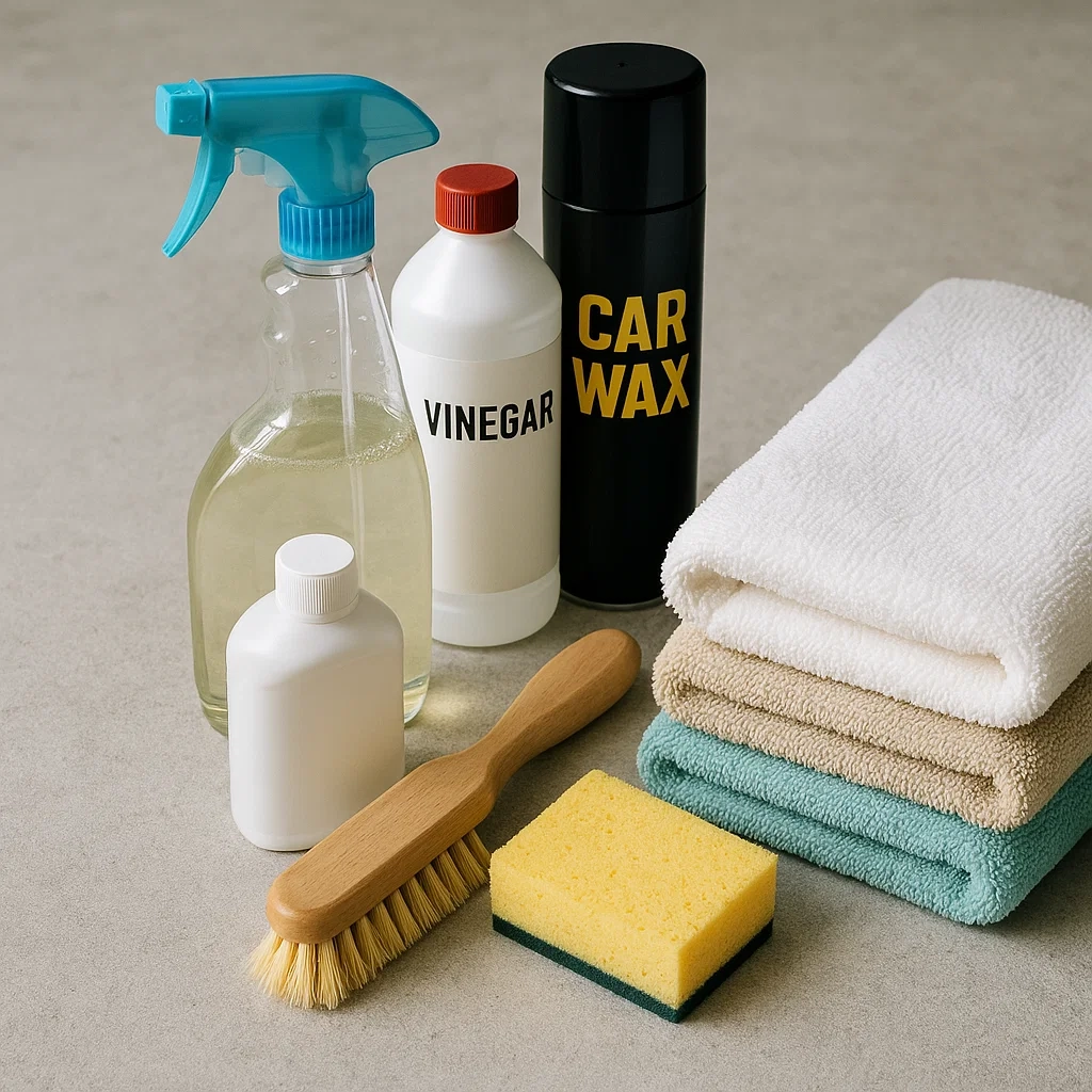 Cleaning essentials including towels, sponge, and cleaners for maintaining beach chairs.