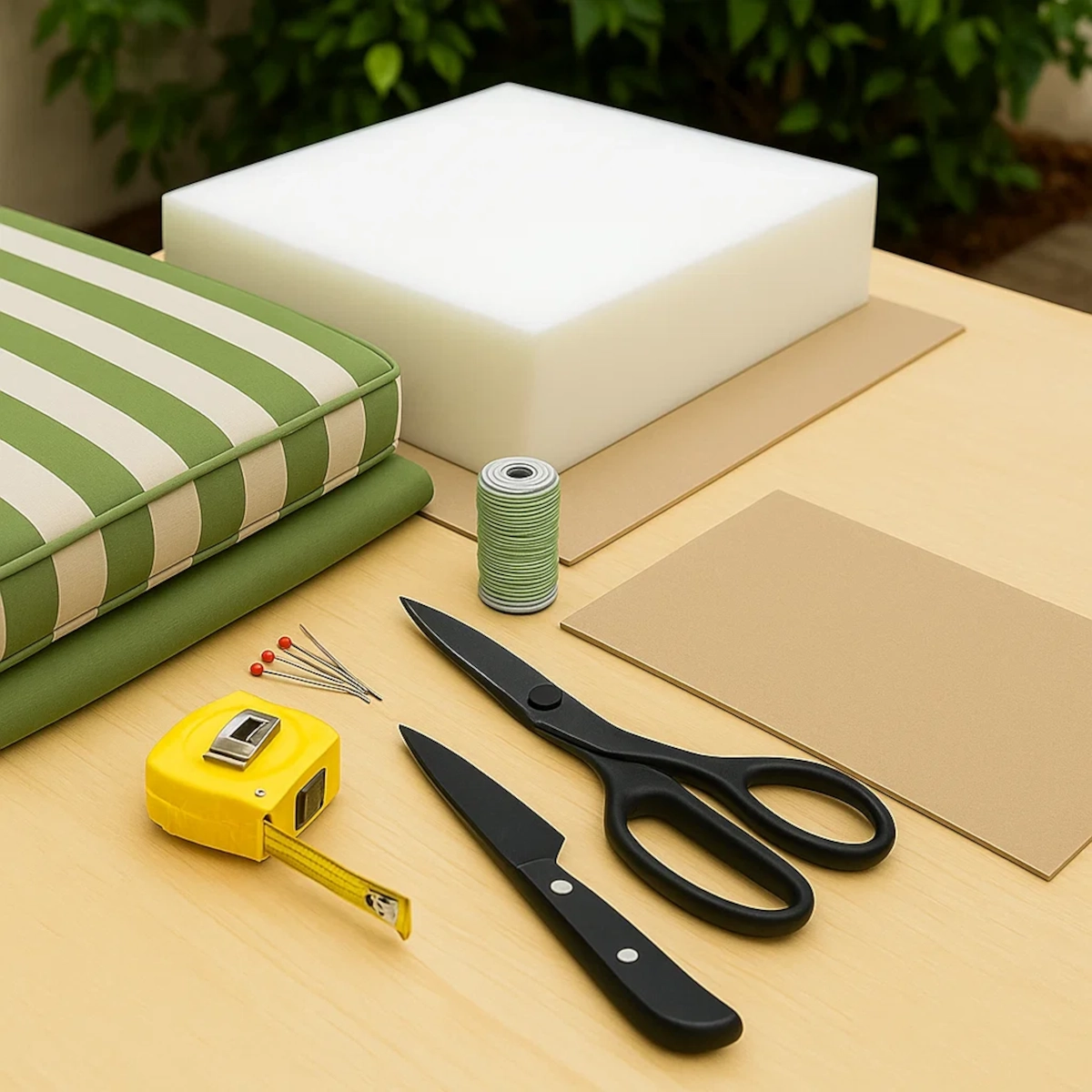 Essential tools and materials for making patio chair cushions at home.