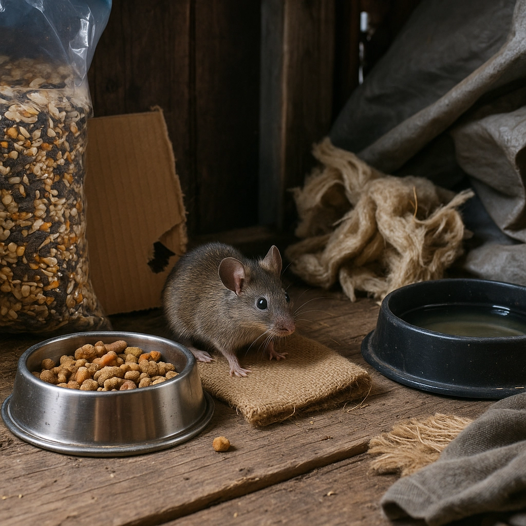 A mouse nibbling food inside a shed surrounded by clutter.