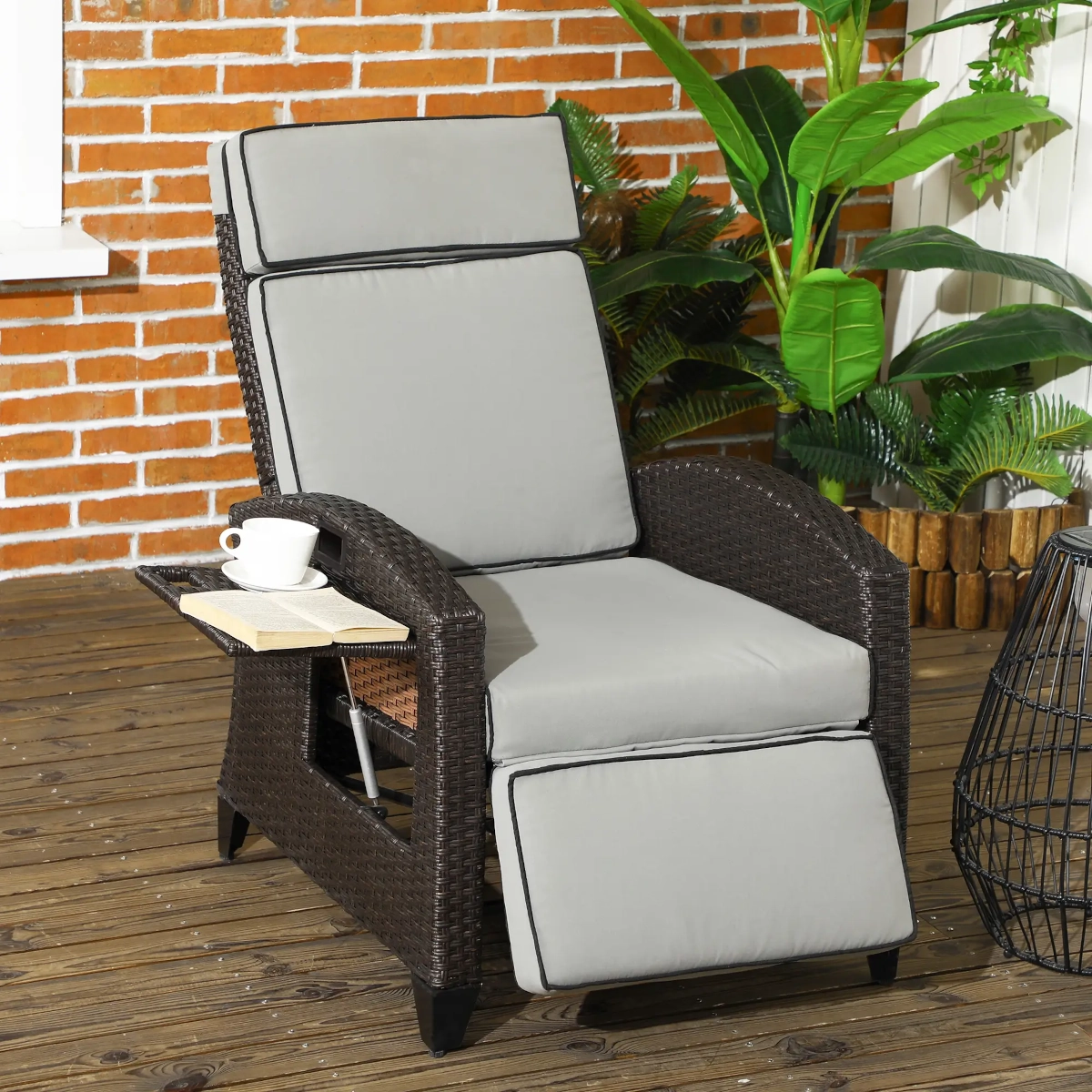 Close-up texture of dark brown wicker weave used in modern patio furniture.